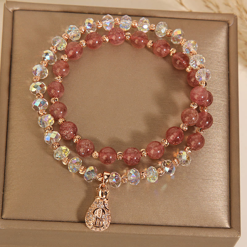 Karma Stone Strawberry Quartz White Crystal Money Bag Charm Positive Bracelet