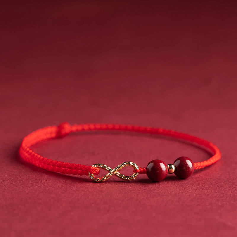 Karma Stone Cinnabar Blessing Red String 14K Gold Infinity Symbol Bracelet Anklet