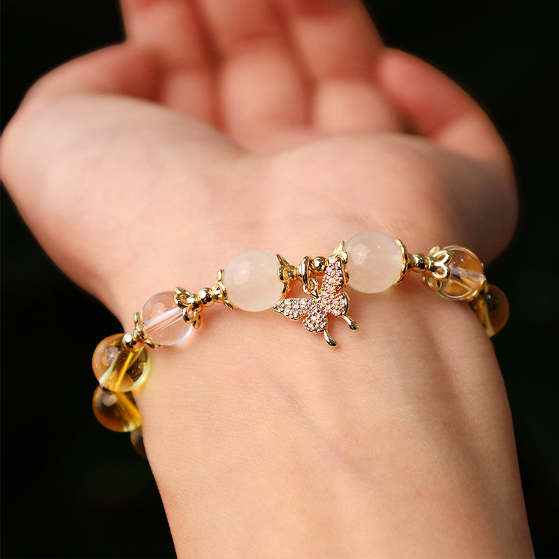 Karma Stone Citrine Moonstone Butterfly Charm Prosperity Protection Bracelet