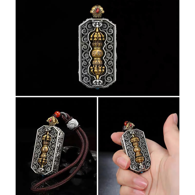 Karma Stone Tibetan Om Mani Padme Hum Carved Dorje Vajra Rotatable Lotus Pattern Purity Rope Necklace Pendant