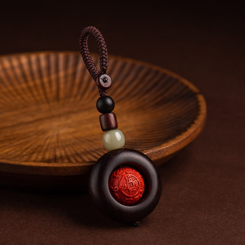 Karma Stone Tibet Om Mani Padme Hum PiXiu Copper Coin Small Leaf Red Sandalwood Cinnabar Protection Key Chain