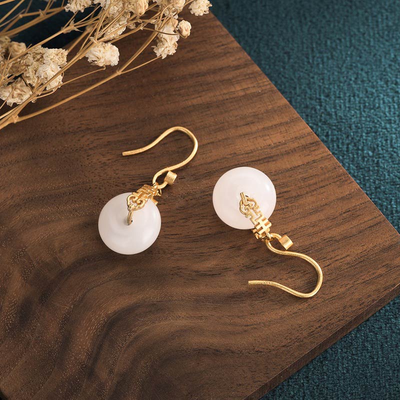 Karma Stone White Jade Double Happiness Fortune Earrings