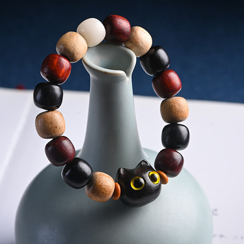 Karma Stone Small Leaf Red Sandalwood Ebony Wood Cute Cat Engraved Protection Bracelet
