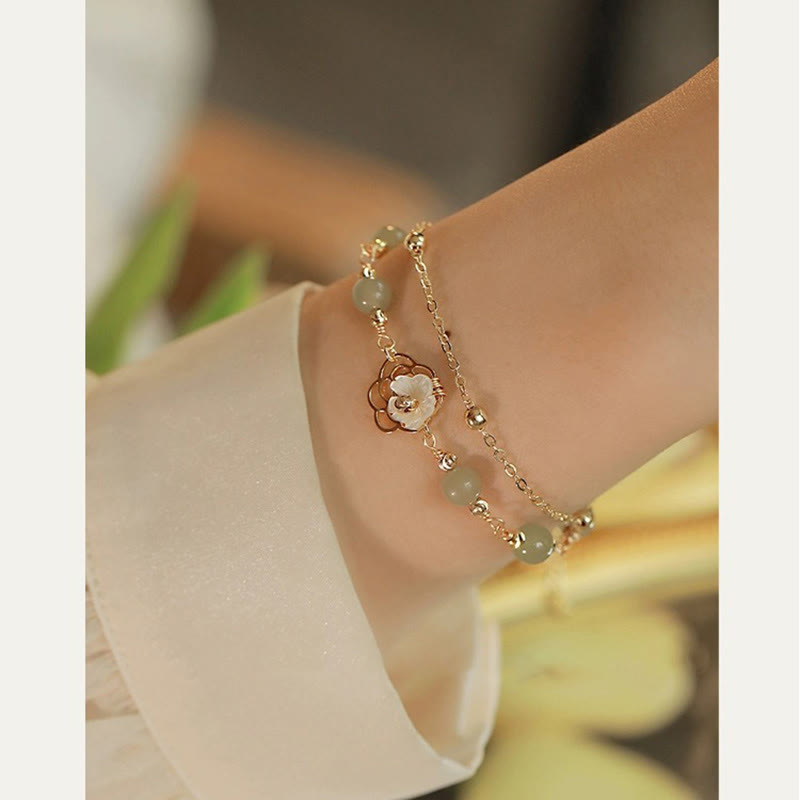 Karma Stone 14K Gold Plated Jade Butterfly Tridacna Stone Flower Double Layer Luck Bracelet