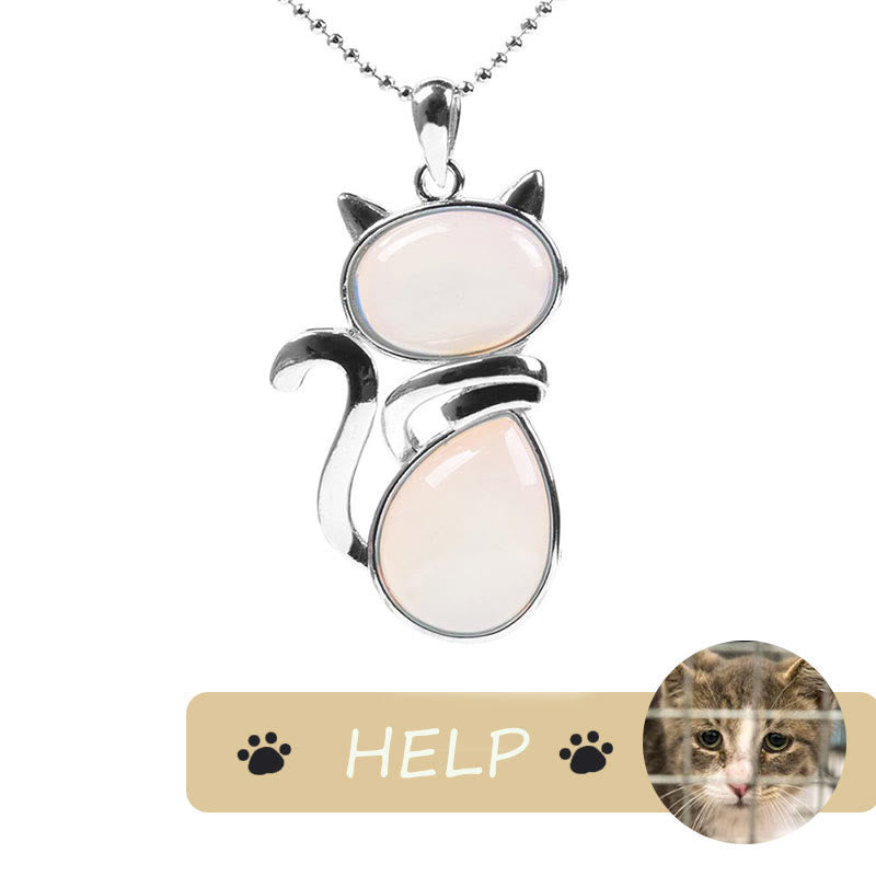 Karma Stone "Save A Cat" Cute Cat Pattern Natural Crystal Protection Cat-Loving Pendant Necklace