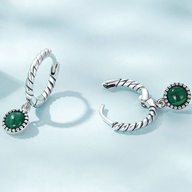Karma Stone 925 Sterling Silver Round Malachite Anti-Anxiety Drop Earrings