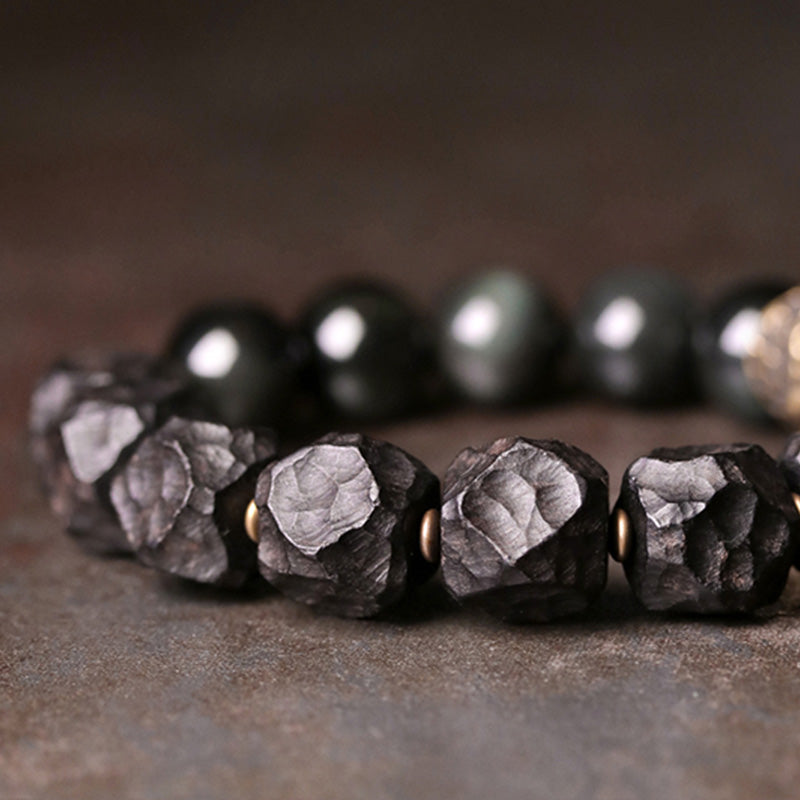 Karma Stone Black Obsidian Ebony Wood Copper Strength Couple Bracelet