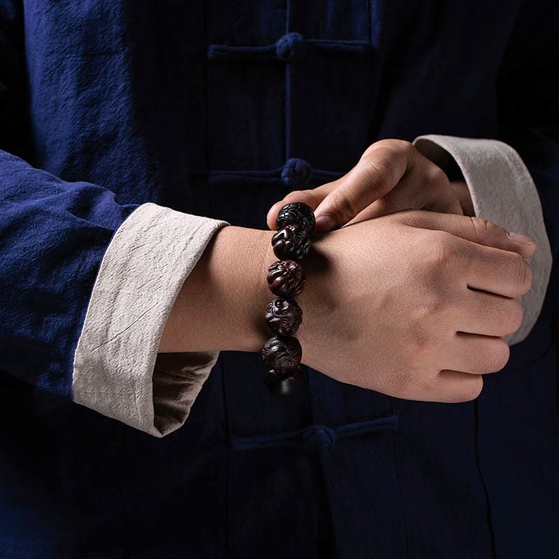 Karma Stone Chinese Zodiac Engraved Small Leaf Red Sandalwood Protection Bracelet