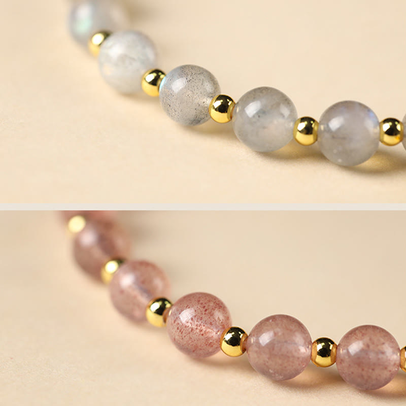 Karma Stone 14K Gold Plated Natural Strawberry Quartz Labradorite Sun Stone Fu Character Positive Charm Bracelet