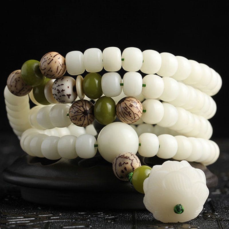 Karma Stone White Jade Bodhi Lotus Mala Harmony Necklace Bracelet