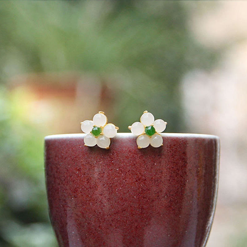 Karma Stone White Jade Flower Luck Blessing Stud Earrings