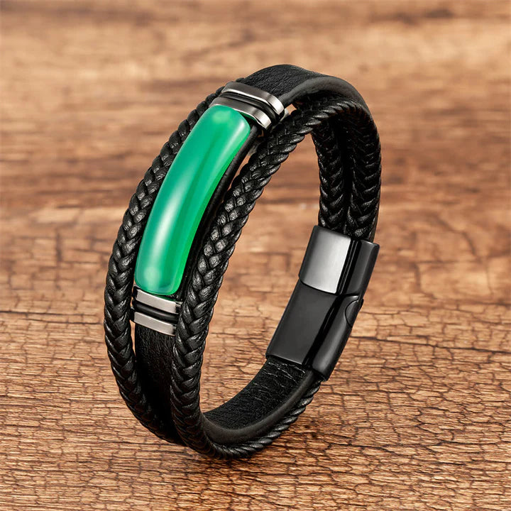 Karma Stone Natural Stone Green Agate Power Multilayered Braided Leather Bracelet