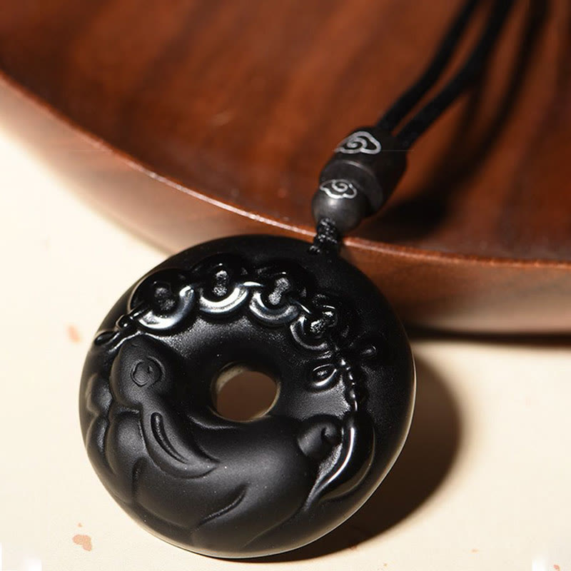 Karma Stone Chinese Zodiac Natural Black Obsidian Peace Buckle Strength Necklace Pendant