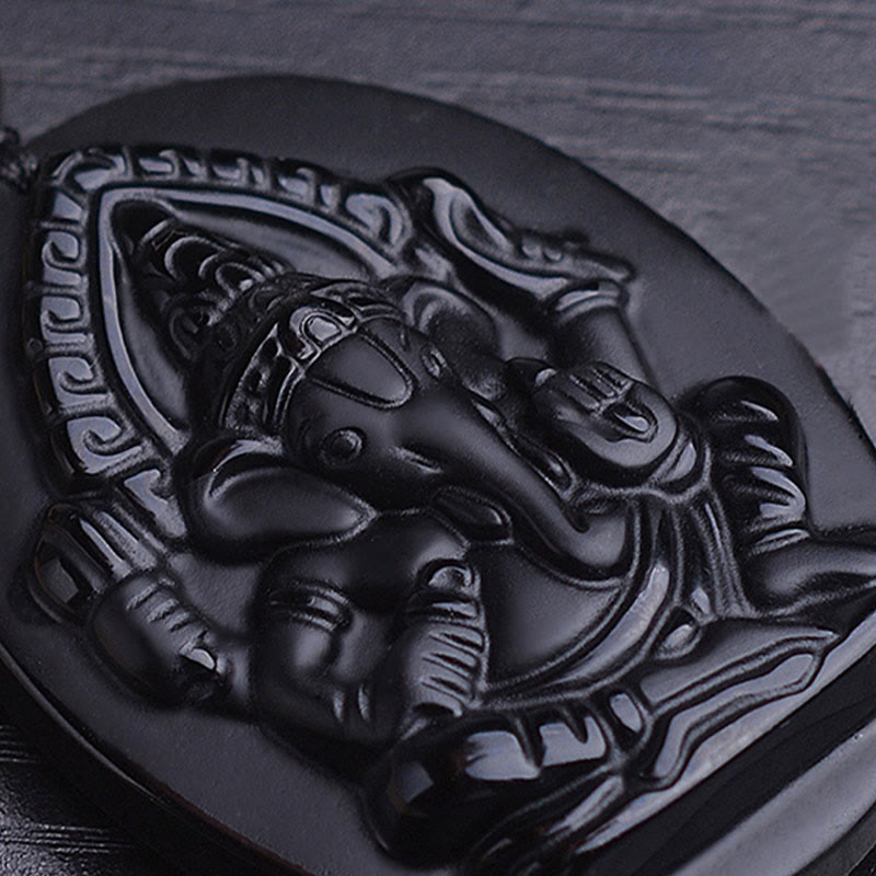Karma Stone Tibetan Obsidian Ganesh Ganpati Elephant Wealth Amulet Necklace