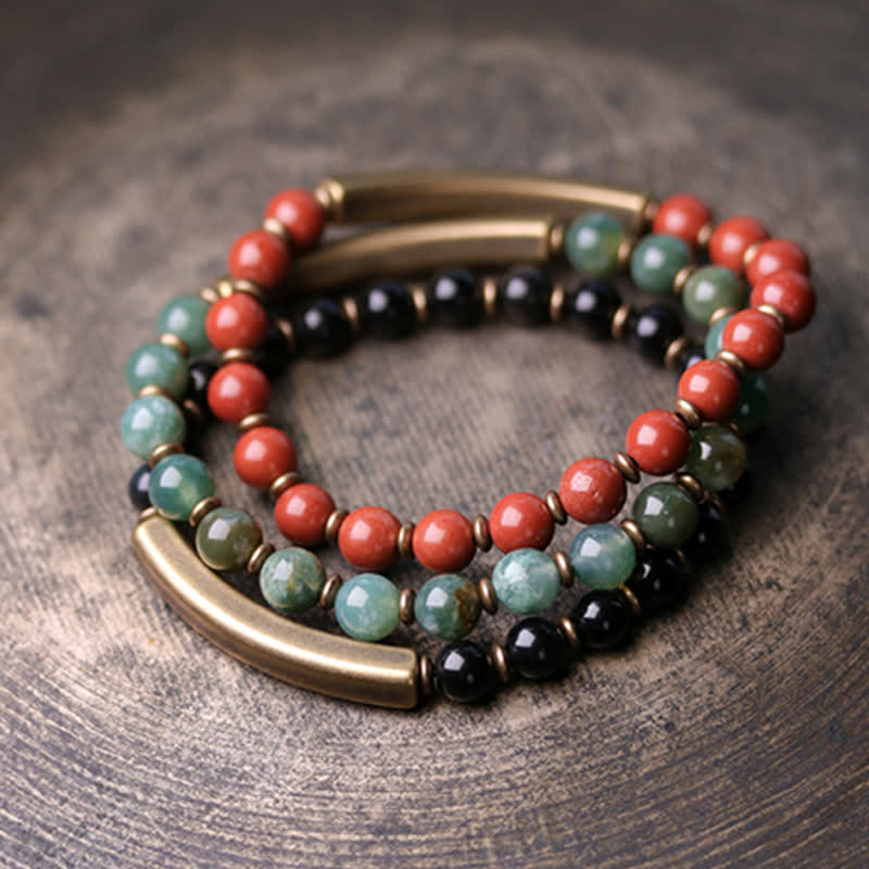 Karma Stone Red Jasper Moss Agate Black Obsidian Crystal Copper Peace Couple Bracelet