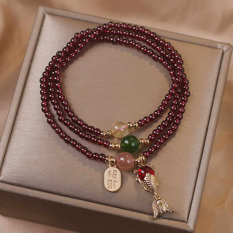 Karma Stone Natural Garnet Strawberry Quartz Crystal Fox Koi Fish Peace Buckle Fortune Protection Triple Wrap Bracelet