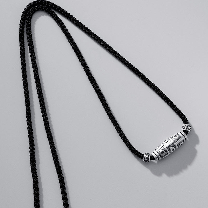 Karma Stone 999 Sterling Silver Nine-Eye Dzi Bead Pattern Protection Rope Necklace Pendant