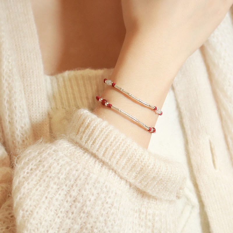 Karma Stone 925 Sterling Silver Bamboo White Agate Red Agate Bead Protection String Braided Bracelet