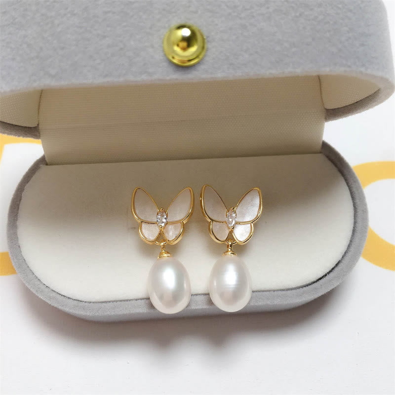 Karma Stone 925 Sterling Silver Posts 18K Gold Plated Copper Pearl Butterfly Optimism Stud Earrings