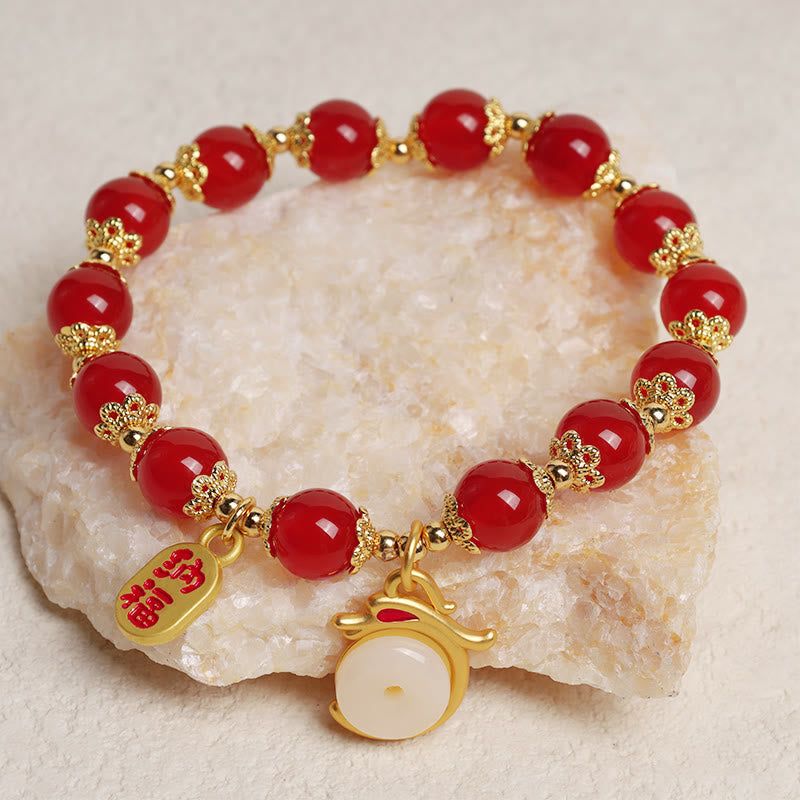 Karma Stone Year of the Dragon Red Agate Green Aventurine Peace Buckle Fu Character Lucky Fortune Bracelet