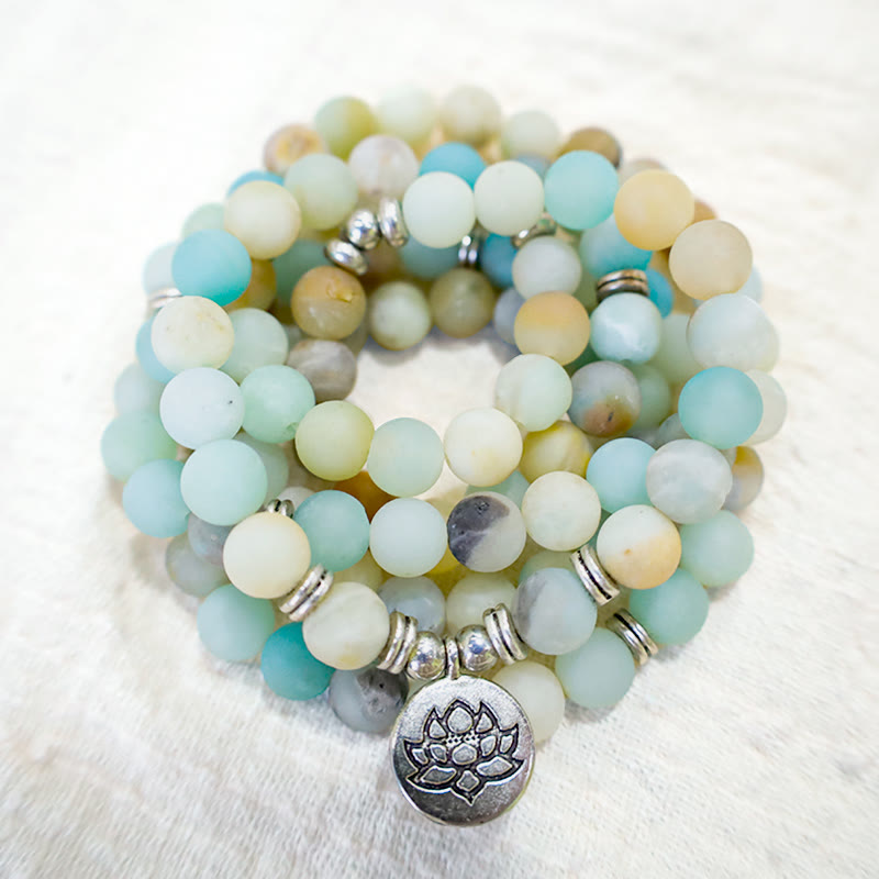 Karma Stone Tibetan Amazonite Blessing Lotus Prayer Bracelet Necklace