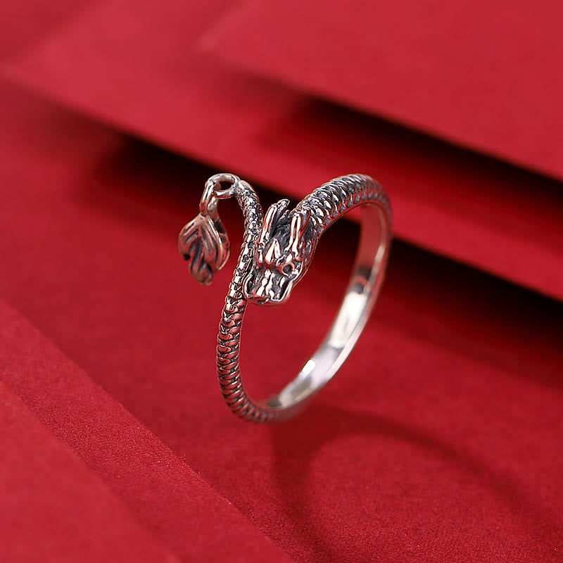 Karma Stone 925 Sterling Silver Vintage Year of the Dragon Luck Protection Strength Adjustable Ring