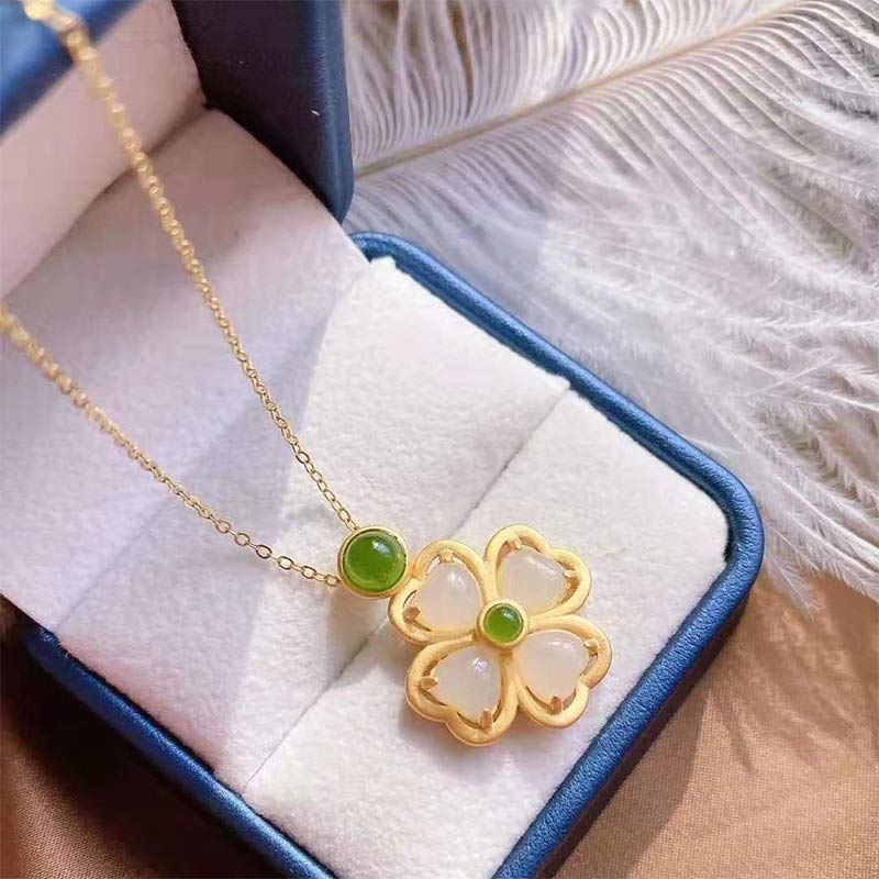 Karma Stone 925 Sterling Silver Lucky Four Leaf Clover Jade Prosperity Necklace Chain Pendant