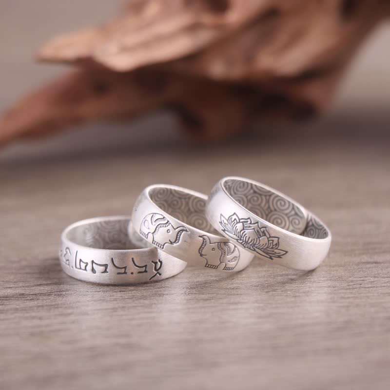 Karma Stone 999 Sterling Silver Lotus Elephant Six True Words Blessing Ring