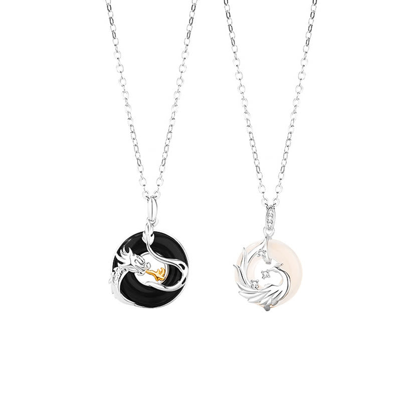 Karma Stone 925 Sterling Silver Year of the Dragon Natural Black Onyx Chalcedony Dragon Phoenix Peace Buckle Protection Necklace Pendant