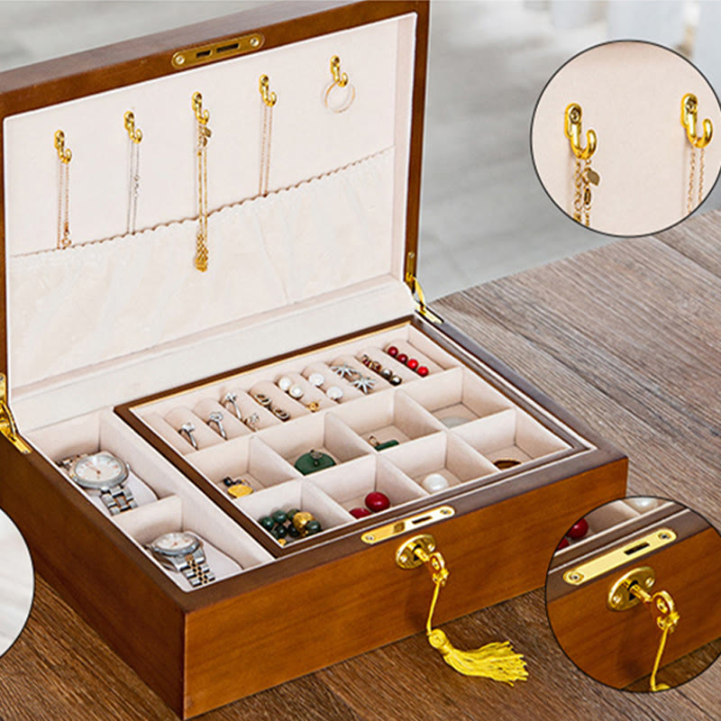 Karma Stone Vintage Wooden Jewelry Box Two-Layer Solid Wood Jewelry Storage Box