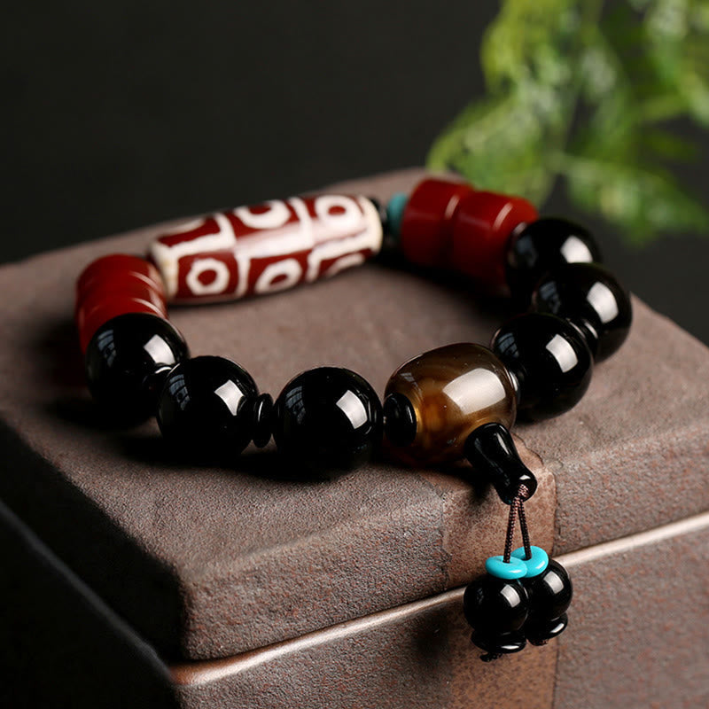 Karma Stone Tibetan Nine-Eye Dzi Bead Black Onyx Wealth Protection Bracelet
