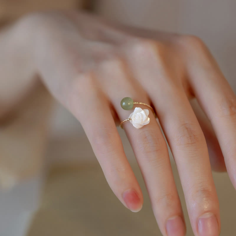 Karma Stone 14K Gold Plated Tridacna Stone Rose Flower Jade Bead Blessing Ring