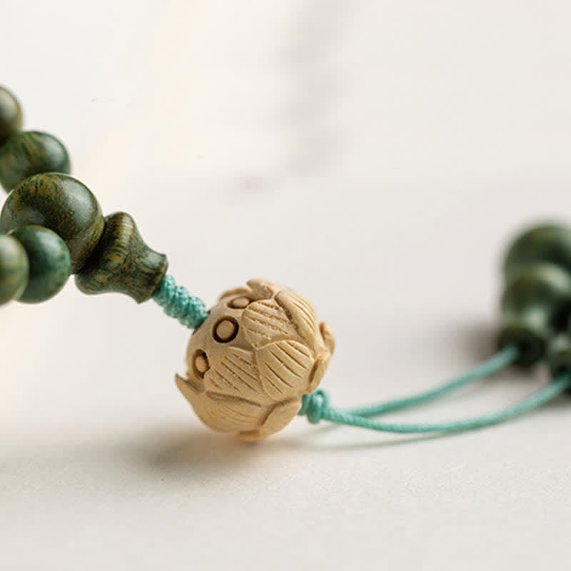 Karma Stone 108-Bead Rosary Green Sandalwood, Boxwood, Lotus, Auspicious Wooden Rosary Bracelet