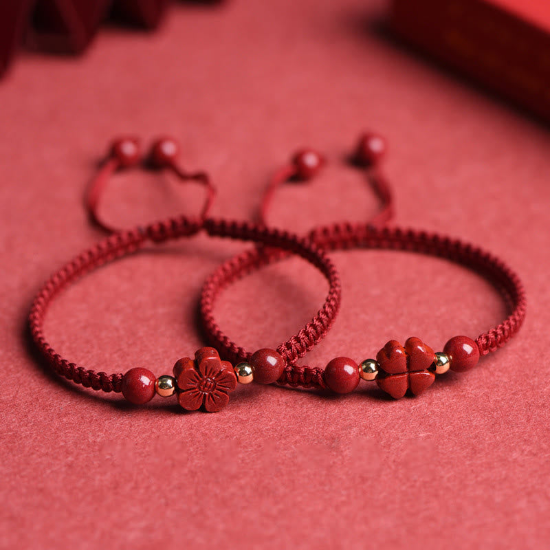 Karma Stone Four Leaf Clover Five-petal Flower Cinnabar Blessing Red String Bracelet