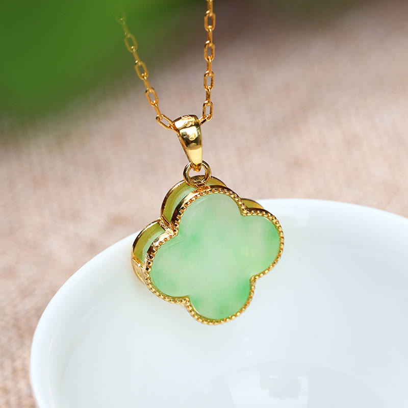 Karma Stone Four Leaf Clover Jade Pattern Luck Necklace Pendant