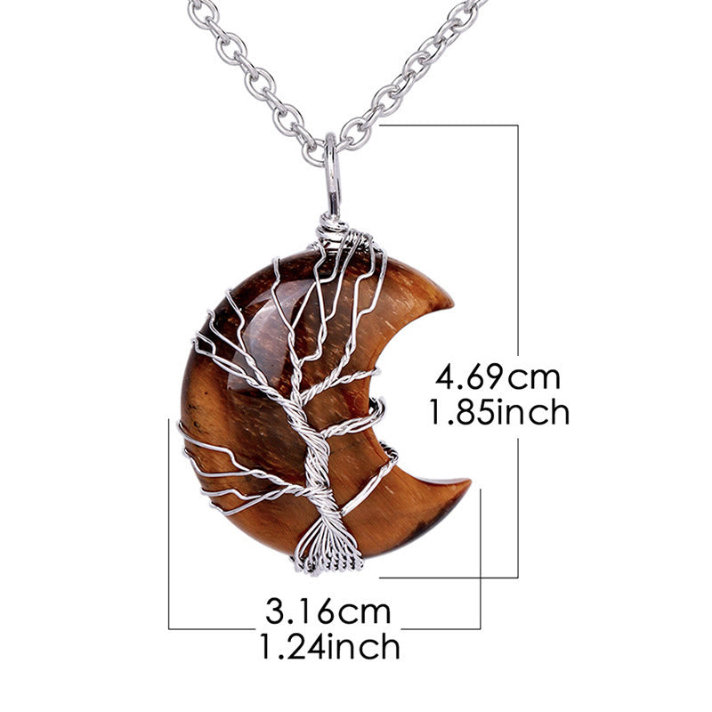 Karma Stone Natural Quartz Crystal Moon Tree Of Life Healing Energy Necklace Pendant