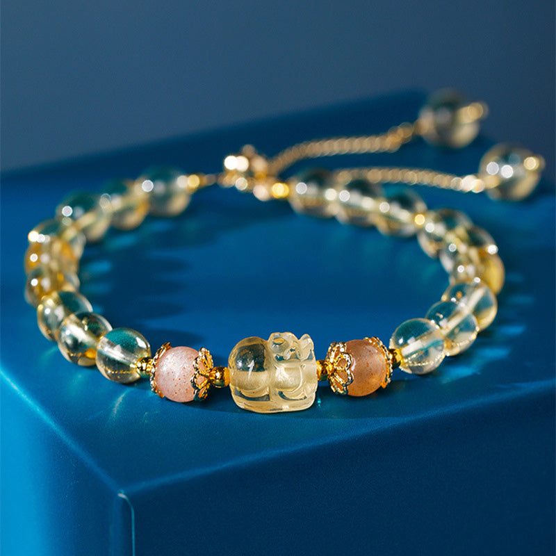 Karma Stone Aquamarine Strawberry Quartz Amethyst Moonstone PiXiu Healing Bracelet
