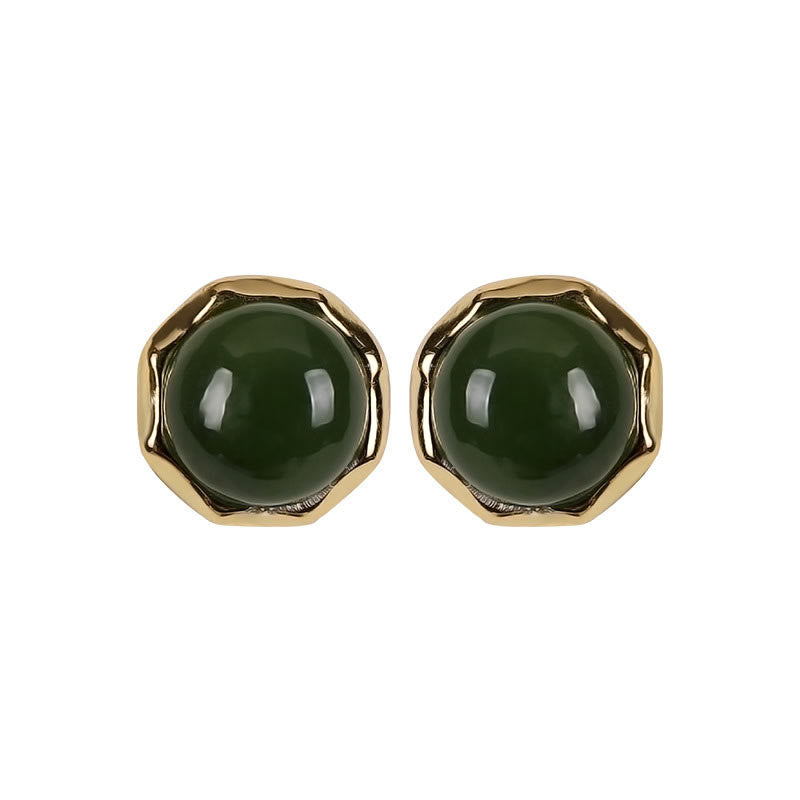 Karma Stone 925 Sterling Silver Plated Gold Natural Hetian Cyan Jade Bead Luck Stud Earrings