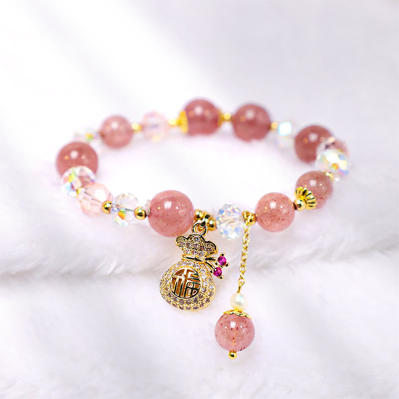 Karma Stone Natural Strawberry Quartz Crystal Money Bag Charm Positive Bracelet