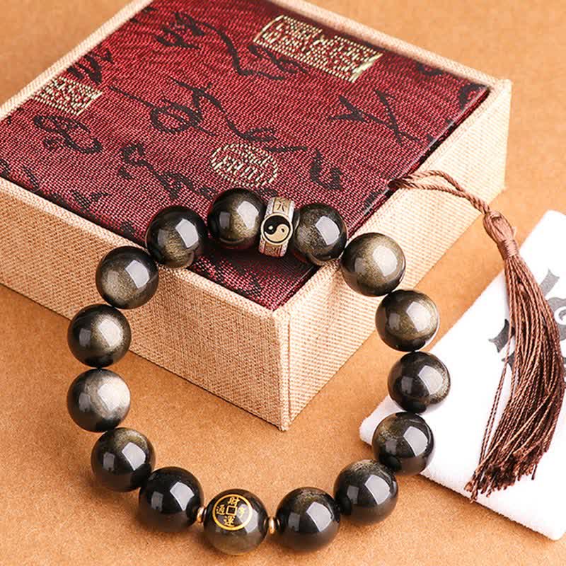 Karma Stone 925 Sterling Silver Black Obsidian Gold Sheen Obsidian Silver Sheen Obsidian Yin Yang Protection Bracelet