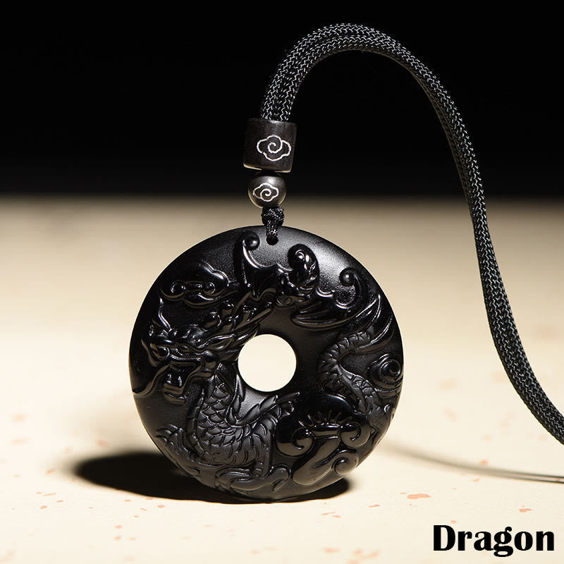 Karma Stone Chinese Zodiac Natural Black Obsidian Peace Buckle Strength Necklace Pendant