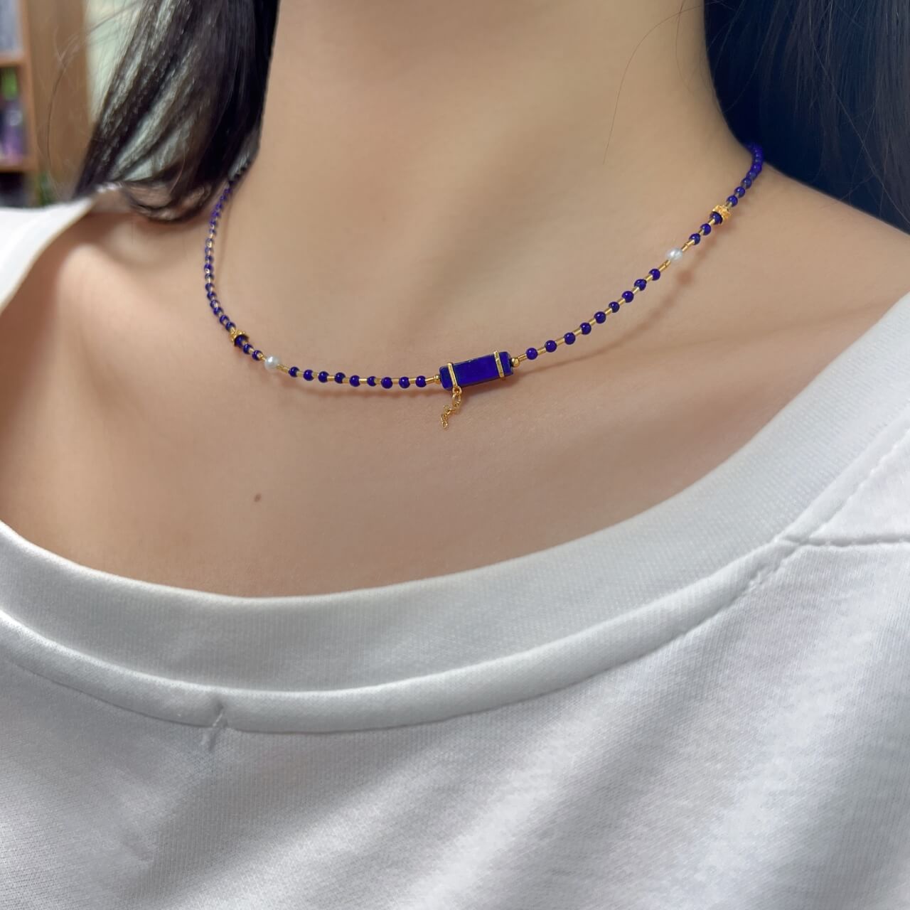 Lapis Lazuli and Silver Tube Necklace Natural Freshwater Pearls, 925Sterling Silver