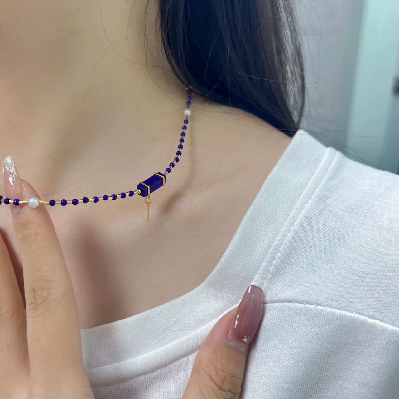 Lapis Lazuli and Silver Tube Necklace Natural Freshwater Pearls, 925Sterling Silver