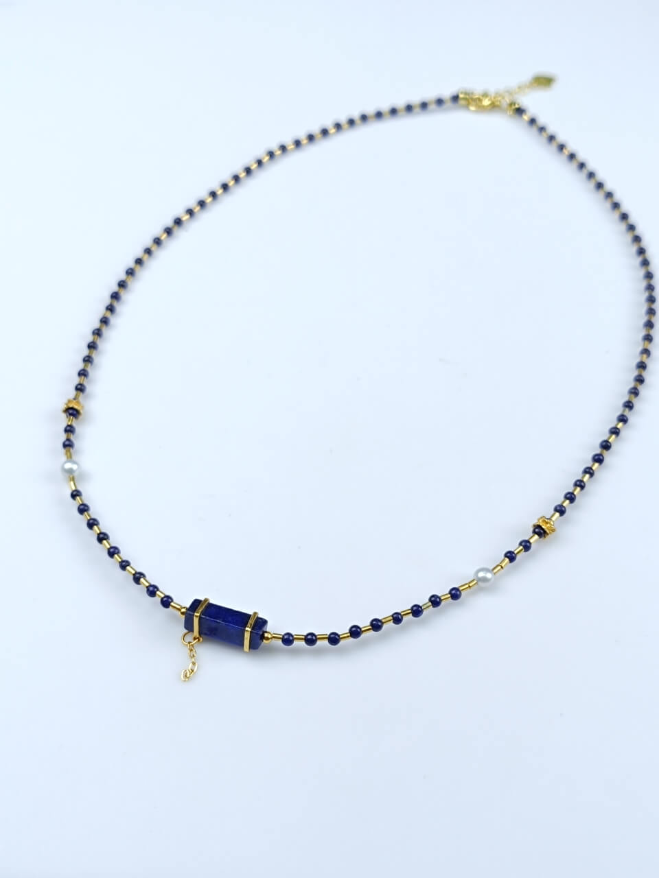Lapis Lazuli and Silver Tube Necklace Natural Freshwater Pearls, 925Sterling Silver