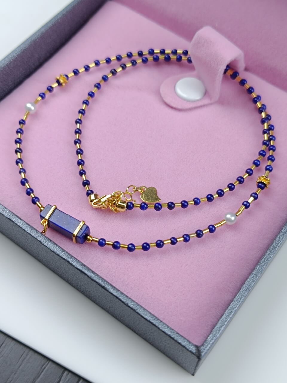 Lapis Lazuli and Silver Tube Necklace Natural Freshwater Pearls, 925Sterling Silver