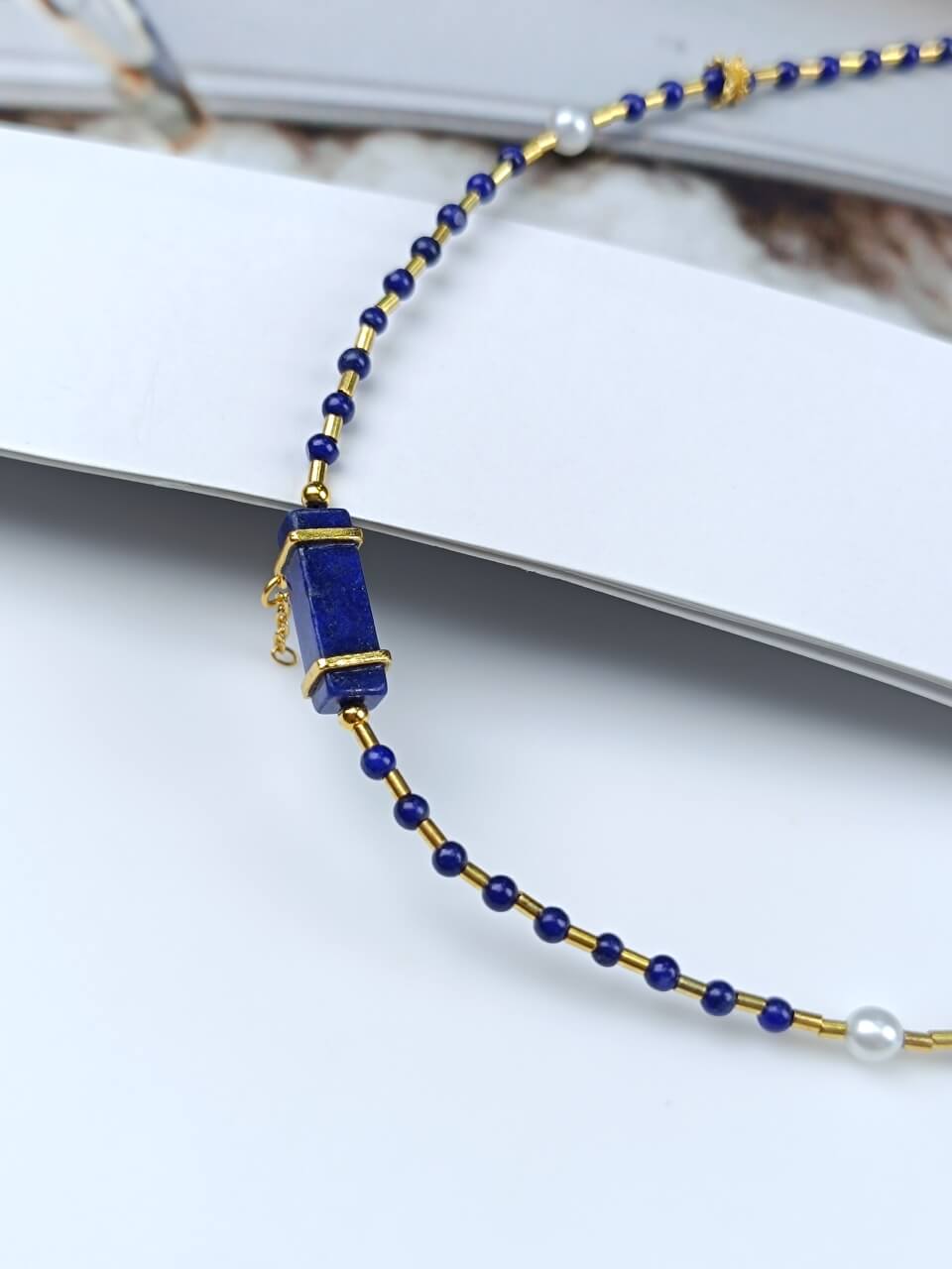 Lapis Lazuli and Silver Tube Necklace Natural Freshwater Pearls, 925Sterling Silver