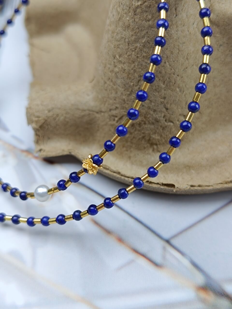 Lapis Lazuli and Silver Tube Necklace Natural Freshwater Pearls, 925Sterling Silver