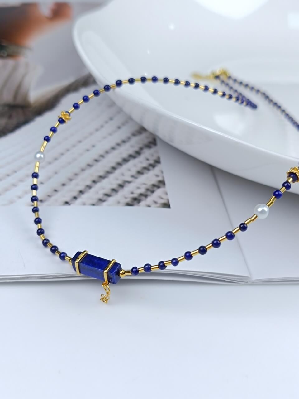 Lapis Lazuli and Silver Tube Necklace Natural Freshwater Pearls, 925Sterling Silver