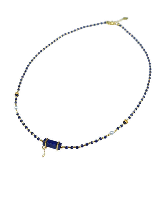 Lapis Lazuli and Silver Tube Necklace Natural Freshwater Pearls, 925Sterling Silver