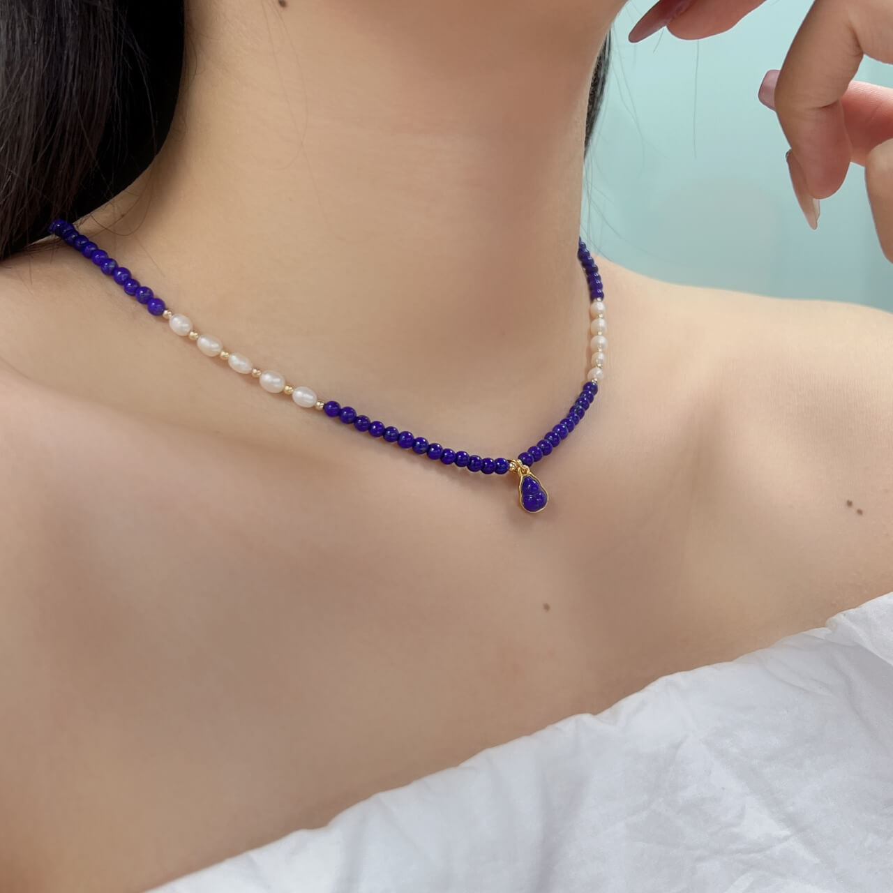 Lapis Lazuli Gourd Pearl Necklace Natural Freshwater Pearls, 925Sterling Silver